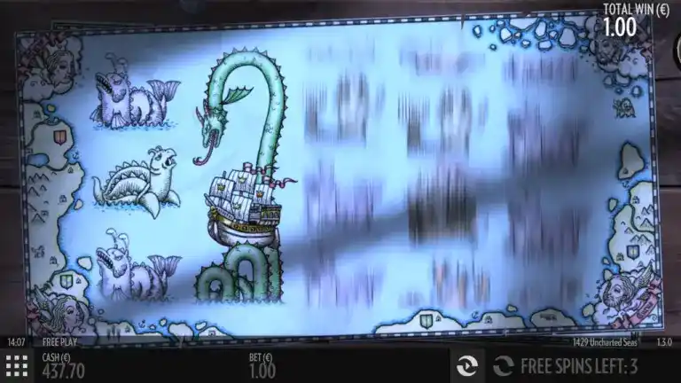 1429 Uncharted Seas slot reels with ships treasure maps and pirate icons.