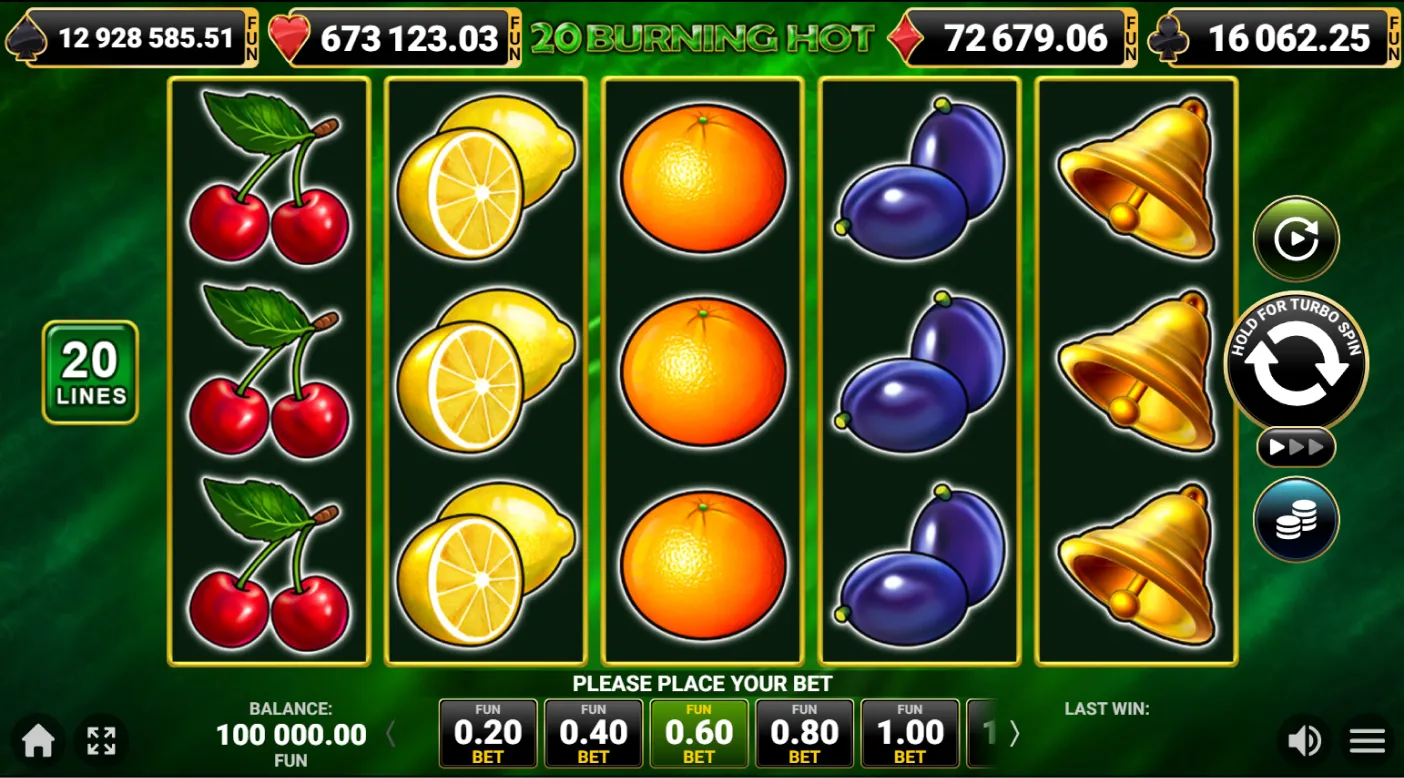 20 Burning Hot pokies screen for Aussie players with classic fruit layout.