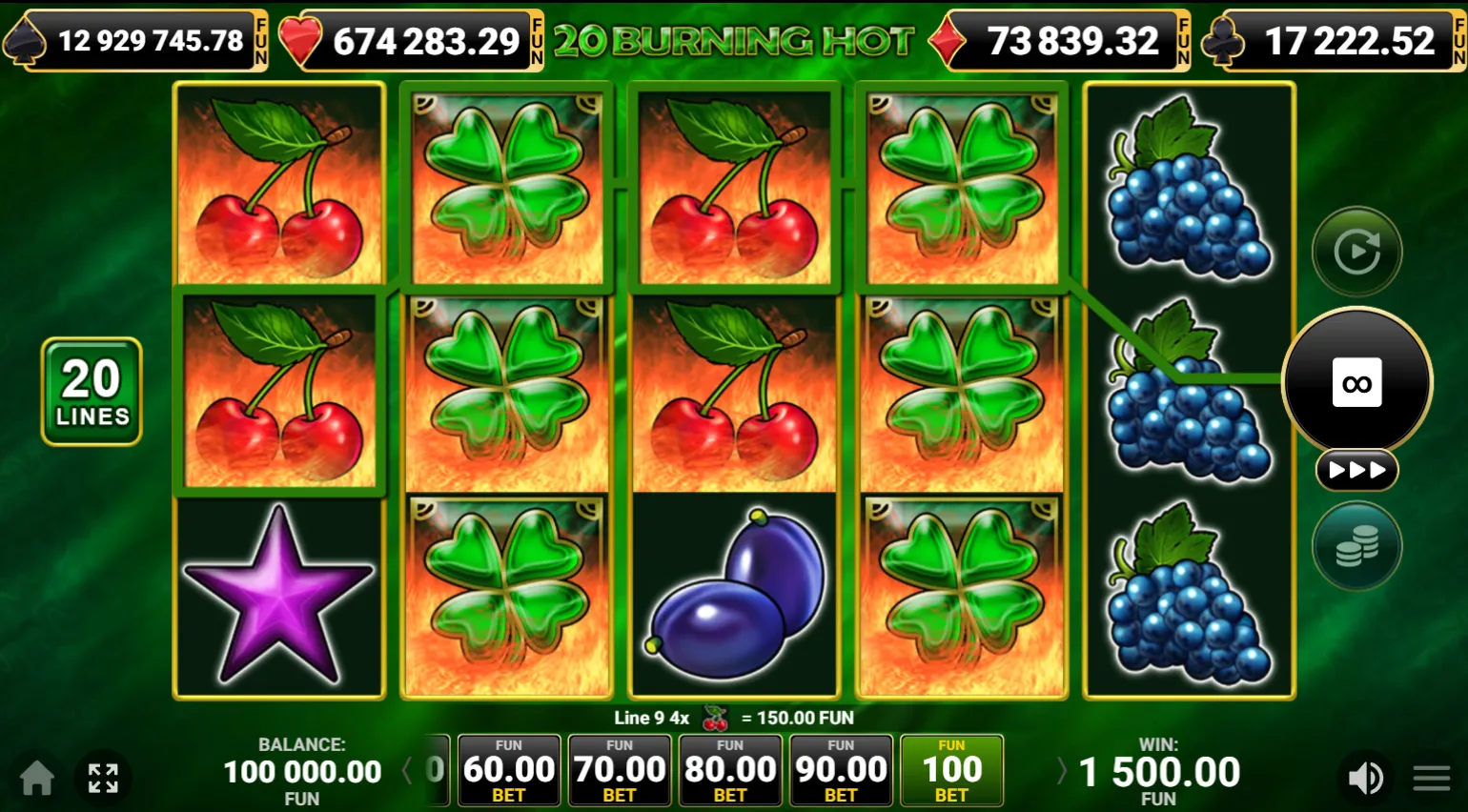 20 Burning Hot slot winning line with clover wilds and cherries payout.