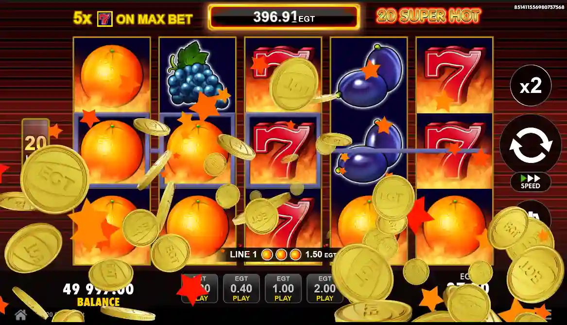 20 Super Hot slot gameplay with 5 reels and classic fruit symbols