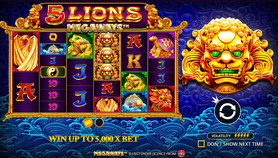 5 Lions Megaways slot reels with golden lion symbol and Asian theme.