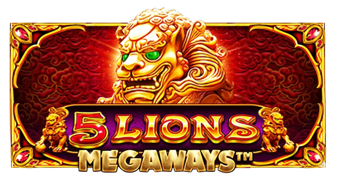 5 Lions Megaways slot game reels with golden lions and Asian symbols.