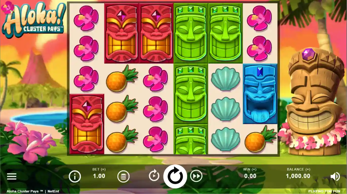 Aloha Cluster slot gameplay with cluster wins and cascading symbols