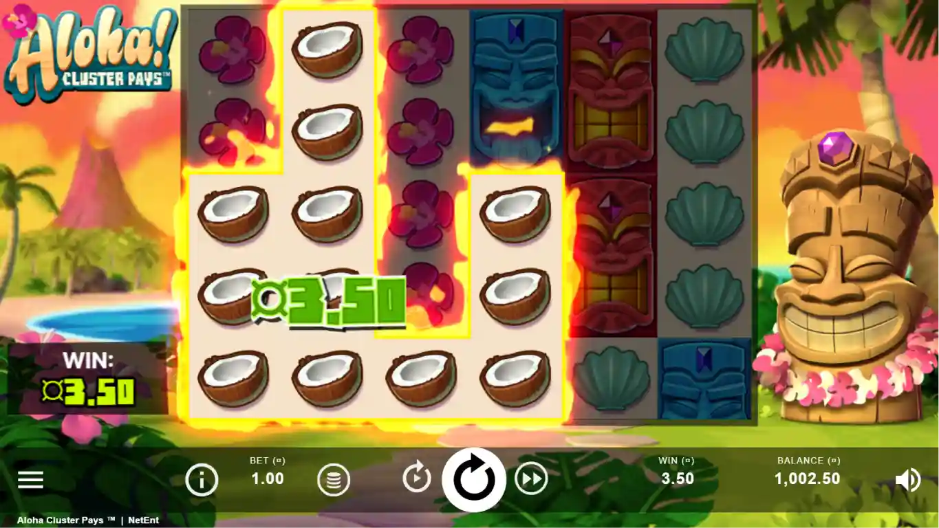 Aloha Cluster slot reels with fruits flowers and tropical icons