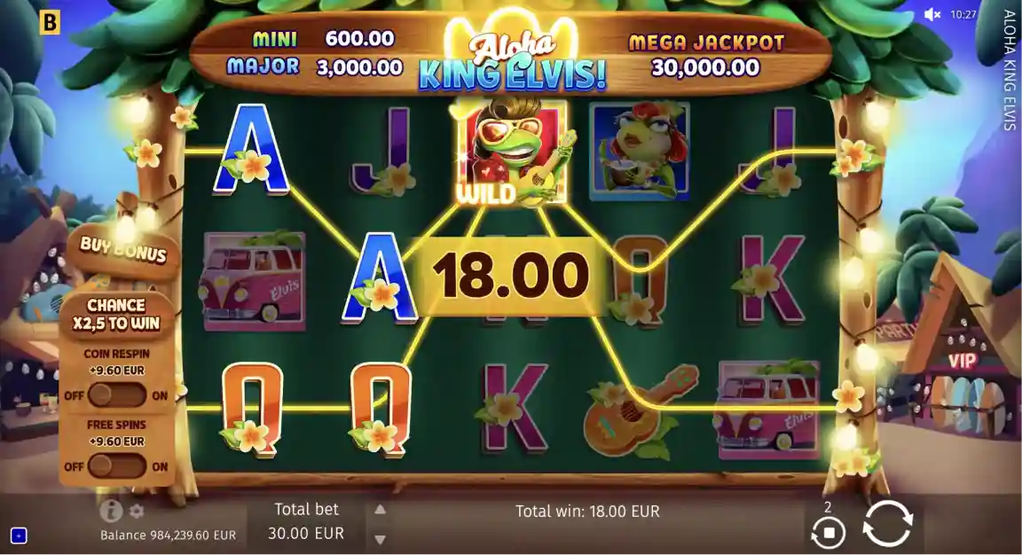 Aloha King Elvis free spins feature with multipliers and bonus rounds