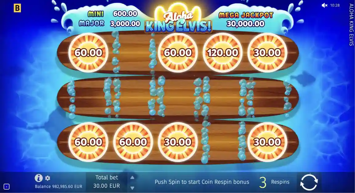 Aloha King Elvis slot reels with Elvis character guitars and island icons