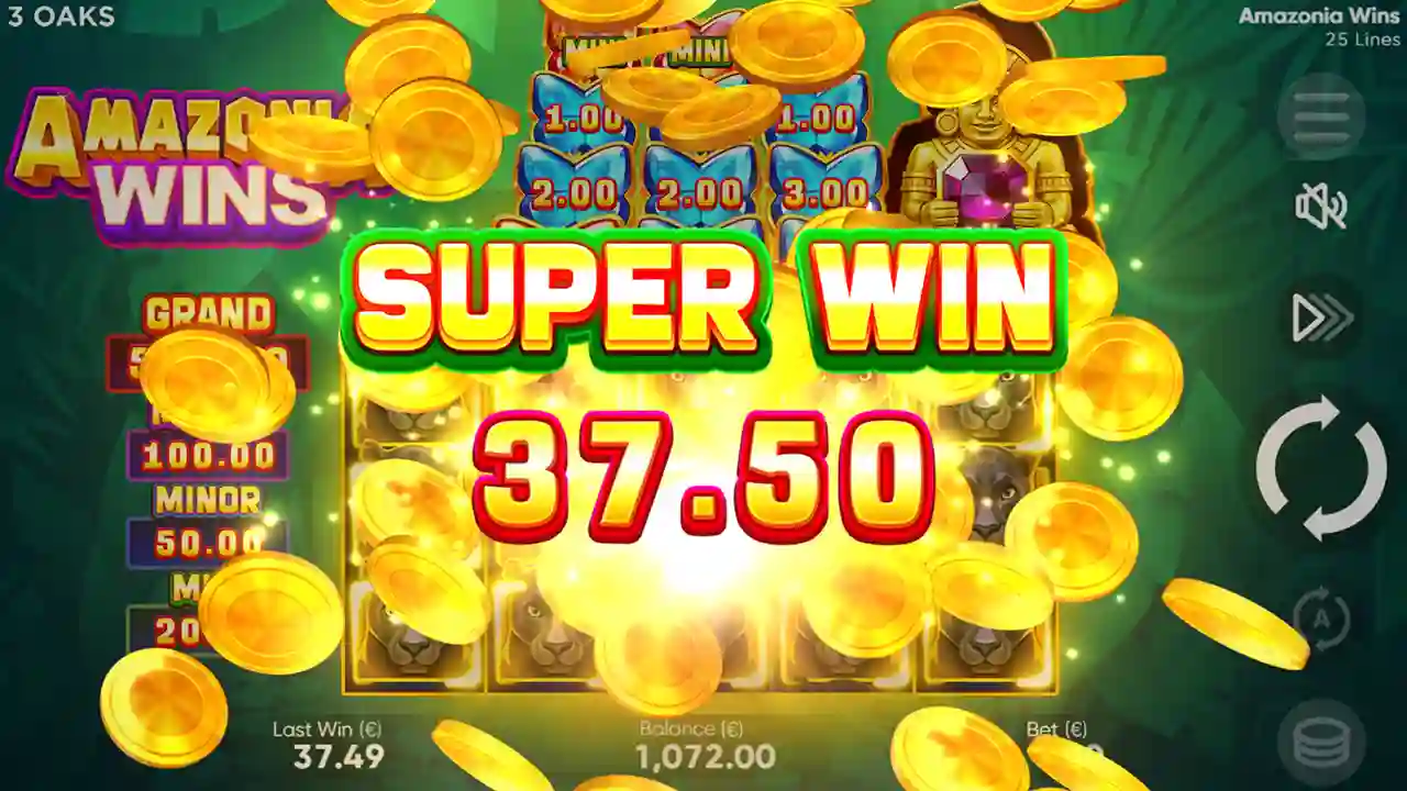 Amazonia Wins free spins feature with multipliers and bonus rounds