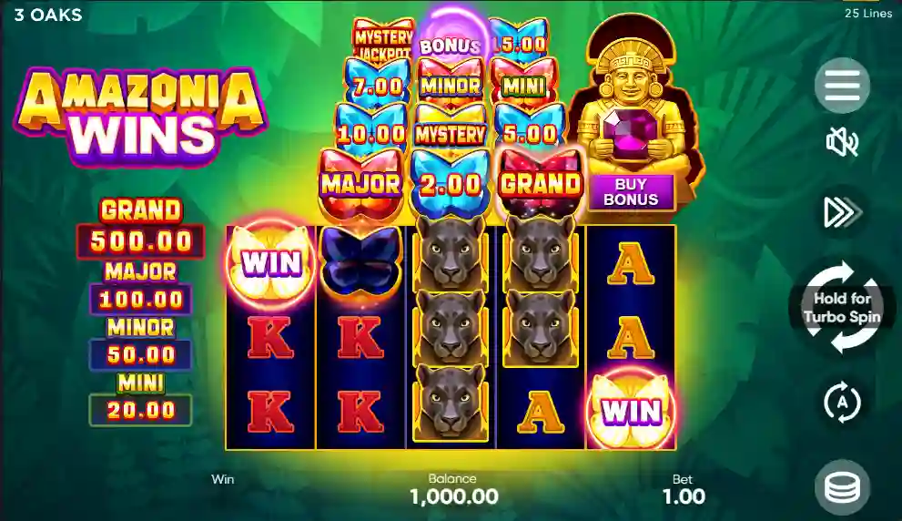 Amazonia Wins slot logo with jungle theme and vibrant wildlife design