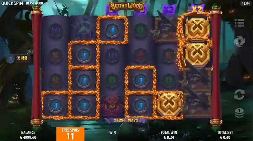 Beastwood slot reels with wolves trees and mystical forest icons