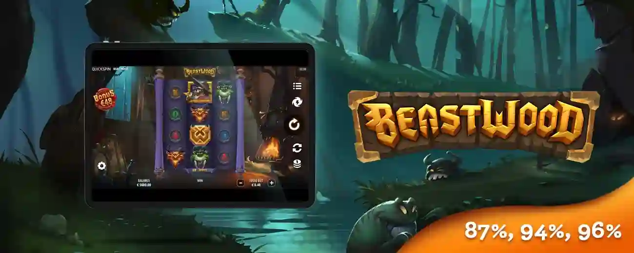 Beastwood slot logo with dark forest theme and mystical creature design