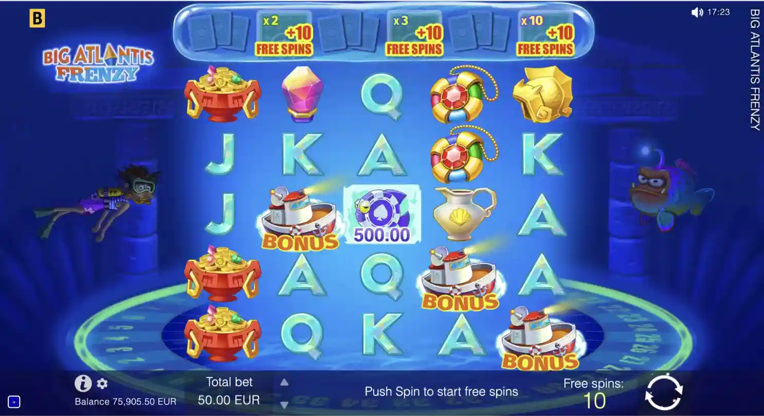 Big Atlantis Frenzy free spins feature with multipliers and bonus rounds