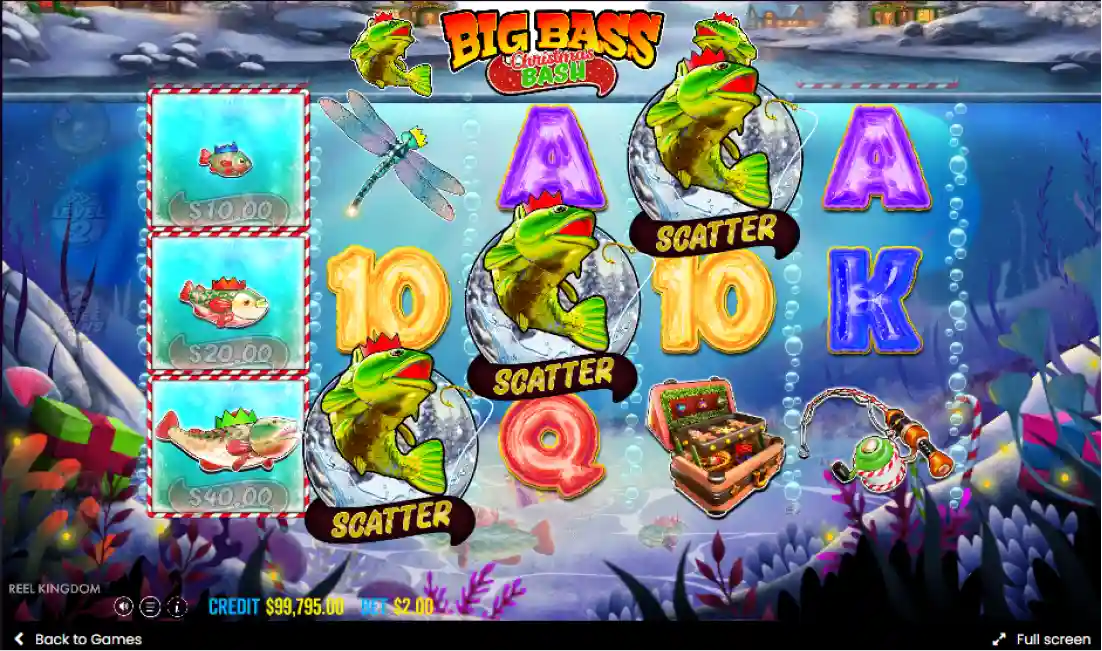 Big Bass Christmas Bash slot gameplay with fisherman wild and festive bonus features