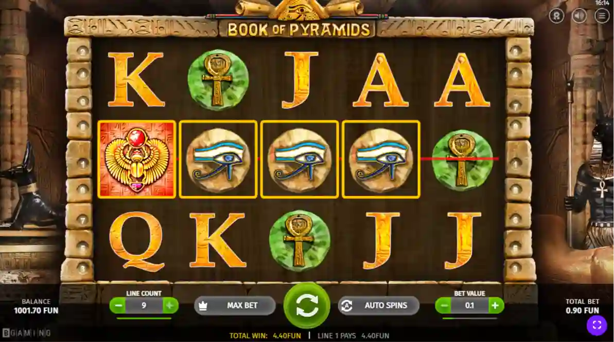 Book of Pyramids slot logo with ancient Egypt theme and golden book symbol.