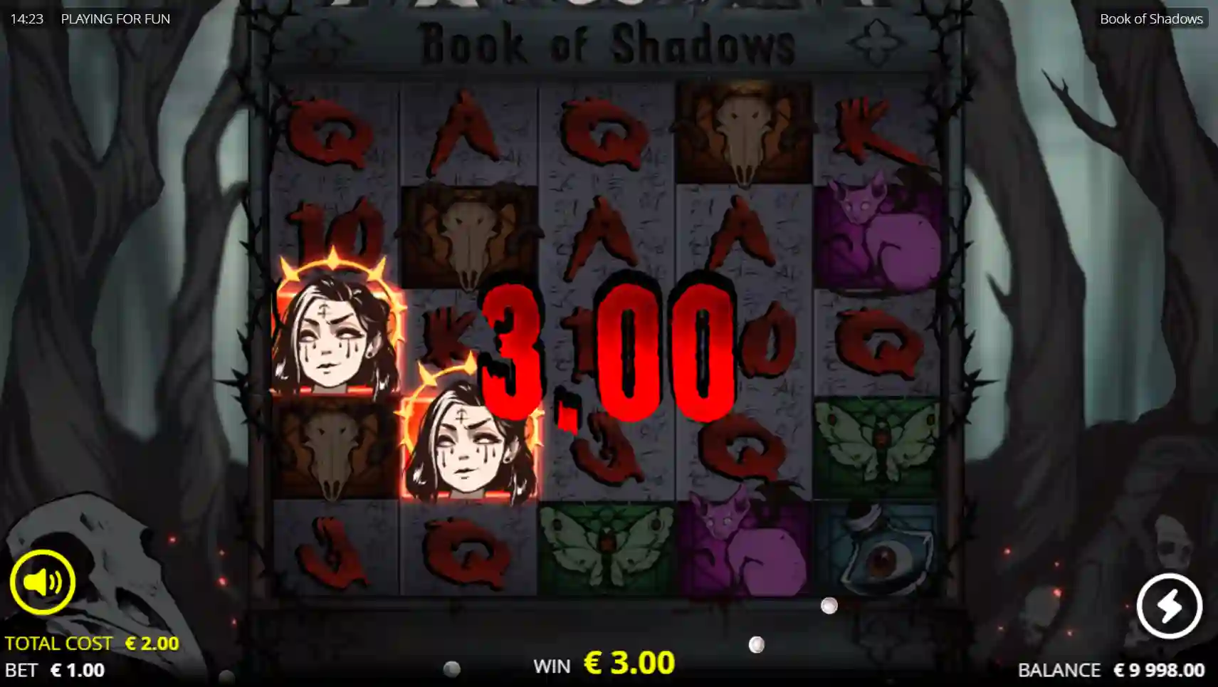 Book of Shadows slot gameplay with book scatter and free spins bonus