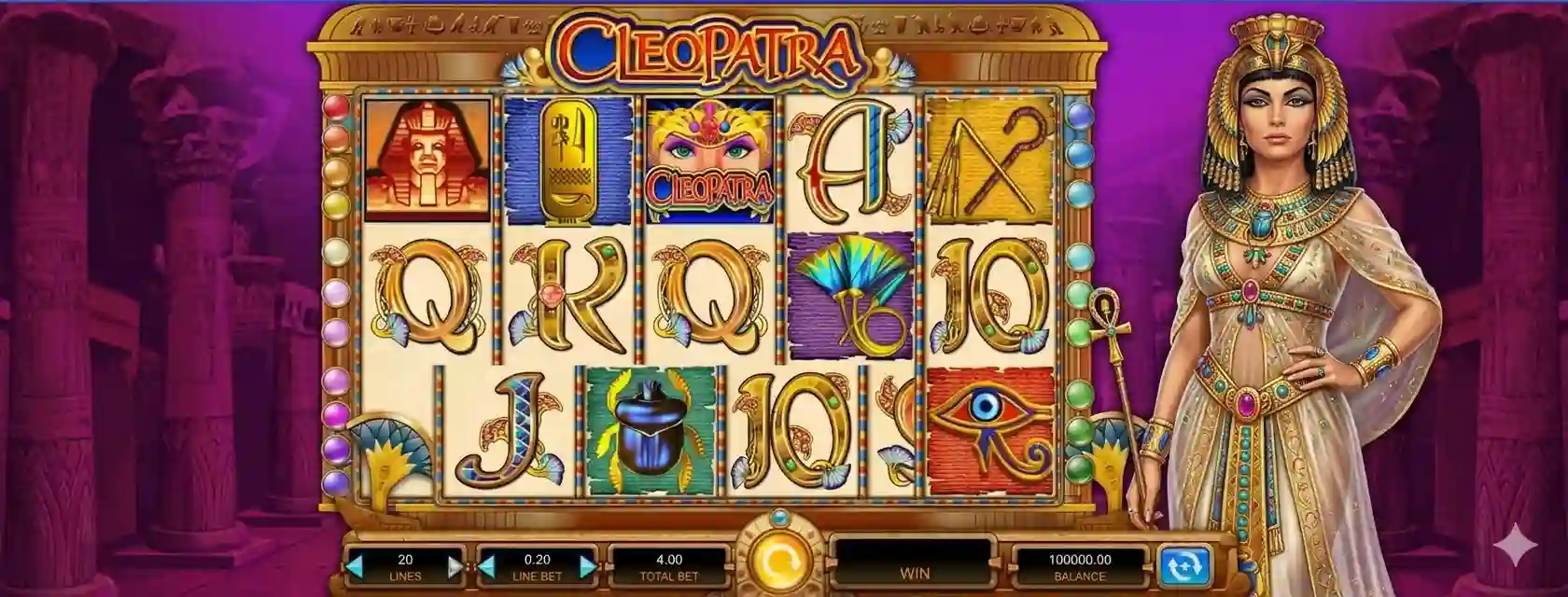 Cleopatra slot reels with scarab ankh and pyramid symbols