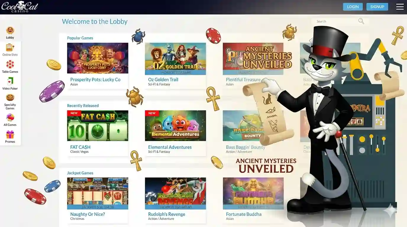 Cool Cat Casino games lobby with slots table games and video poker