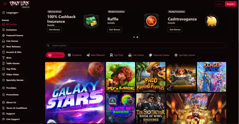 Crazy Luck Casino bonus offer with promotions cashback and free spins