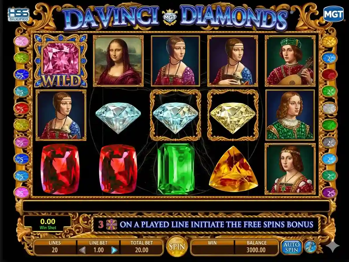 Da Vinci Diamonds slot reels with Mona Lisa and colorful gemstones