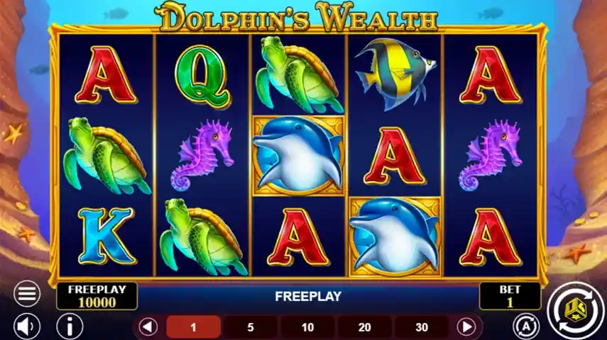 Dolphins Wealth slot reels with dolphin turtle and seahorse symbols