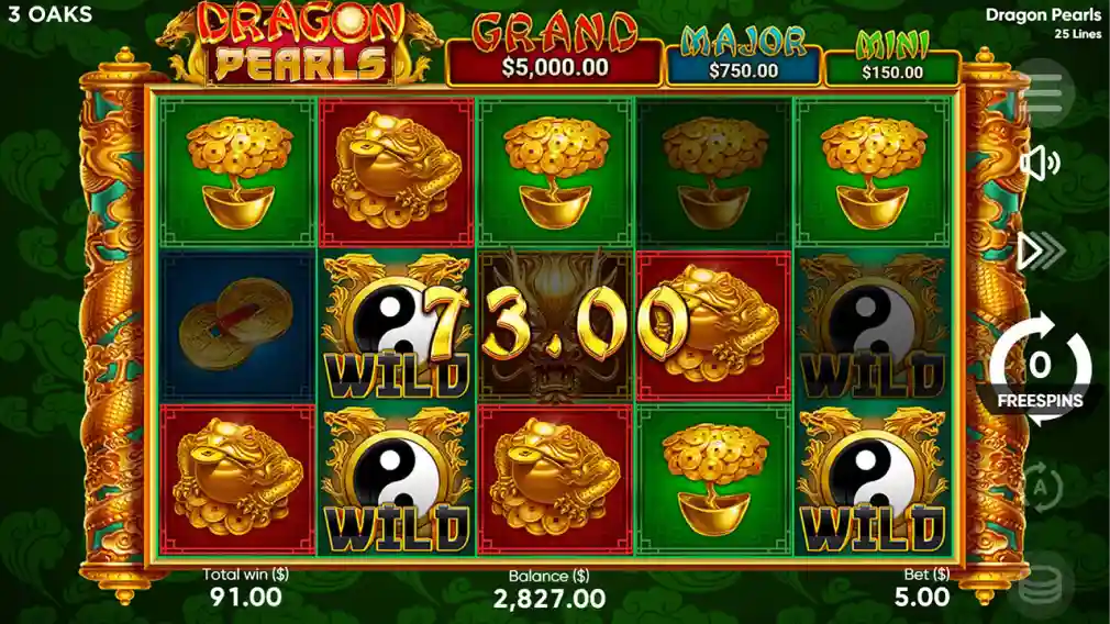 Dragon Pearls slot reels with coins dragons and oriental symbols