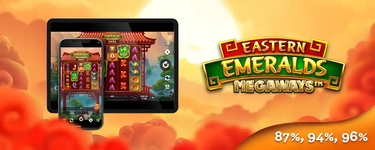 Eastern Emeralds Megaways slot logo with Asian theme and emerald symbols.