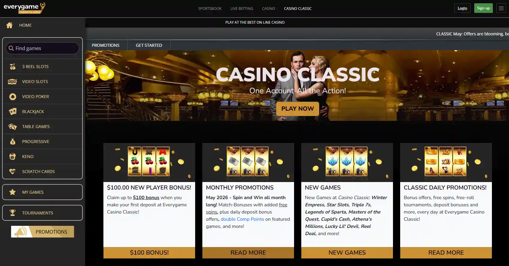 Everygame Casino games lobby with slots blackjack roulette and baccarat