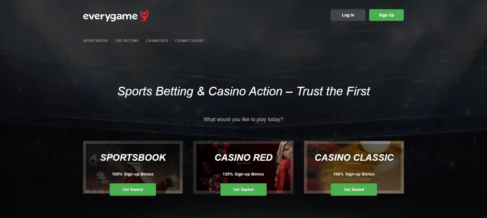 Everygame Casino homepage with sportsbook slots and casino games interface.