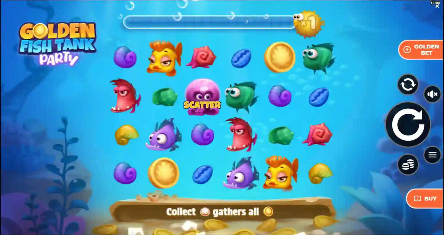 Golden Fish slot reels with fish starfish and ocean icons
