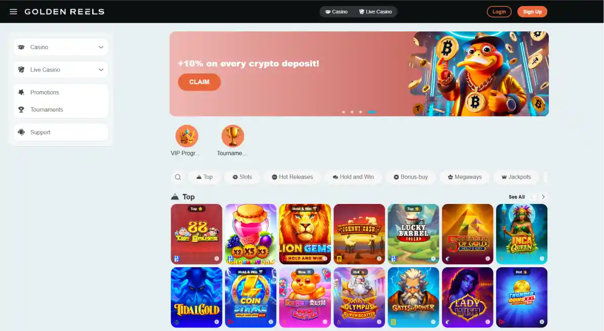 Golden Reels Casino logo with luxury gold theme and premium branding