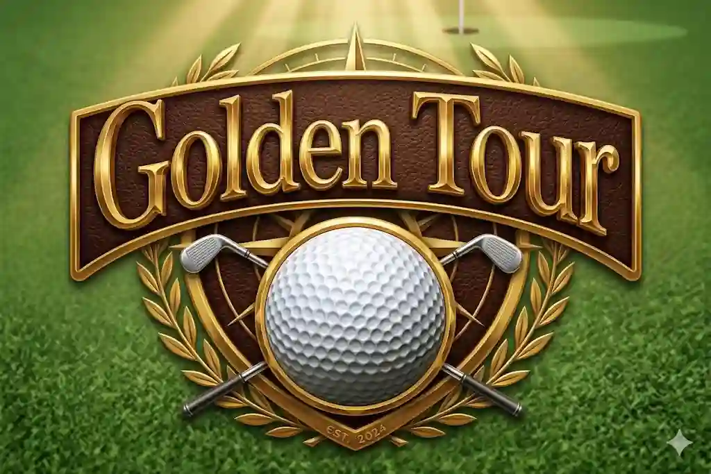 Golden Tour slot logo with luxury travel theme and golden design