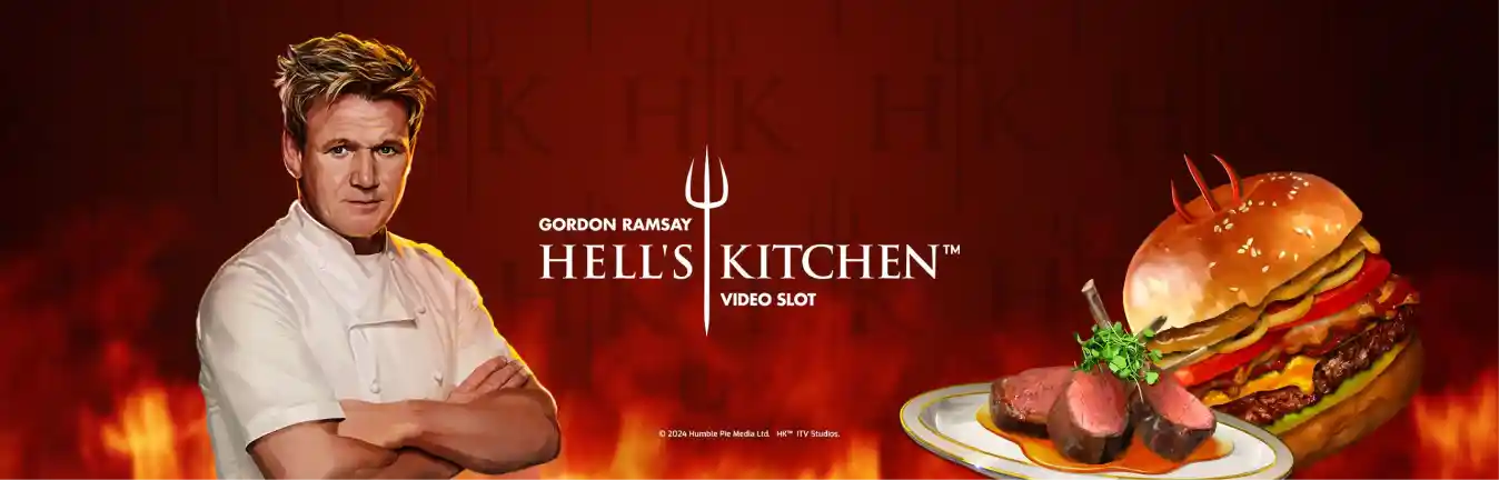 Gordon Ramsay Hells Kitchen slot logo with fiery kitchen theme and chef branding