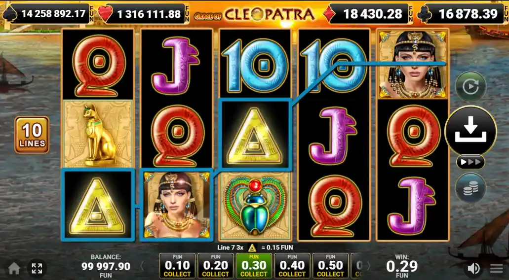 Grace of Cleopatra slot reels with pharaoh scarab and golden icons