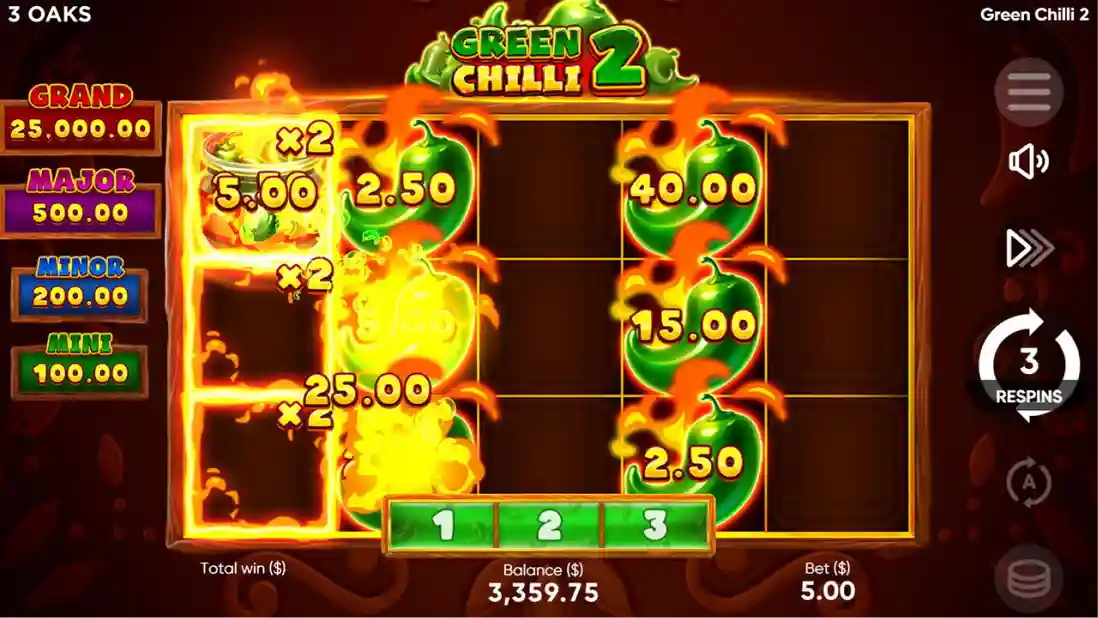 Green Chilli 2 free spins feature with multipliers and bonus rounds