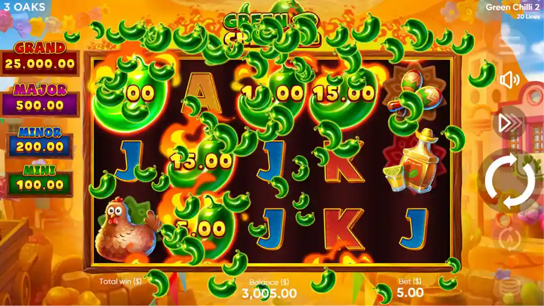 Green Chilli 2 slot reels with chillies sombrero and festive icons