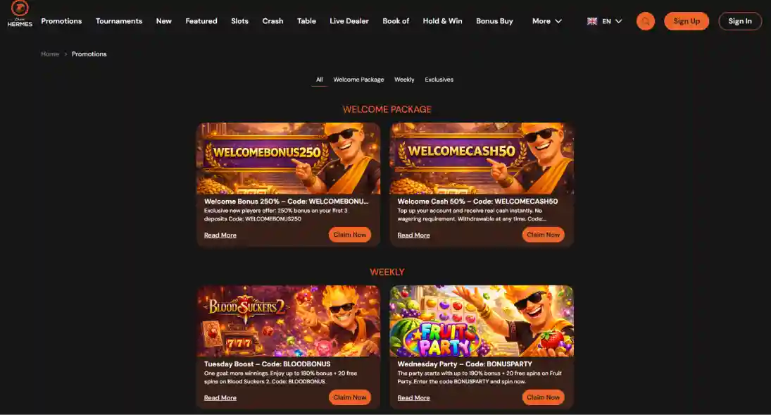 Hermes Casino welcome bonus with deposit match and free spins offer