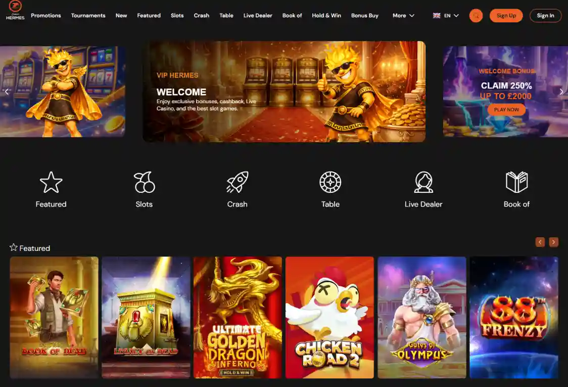 Hermes Casino logo with luxury branding and premium online casino style