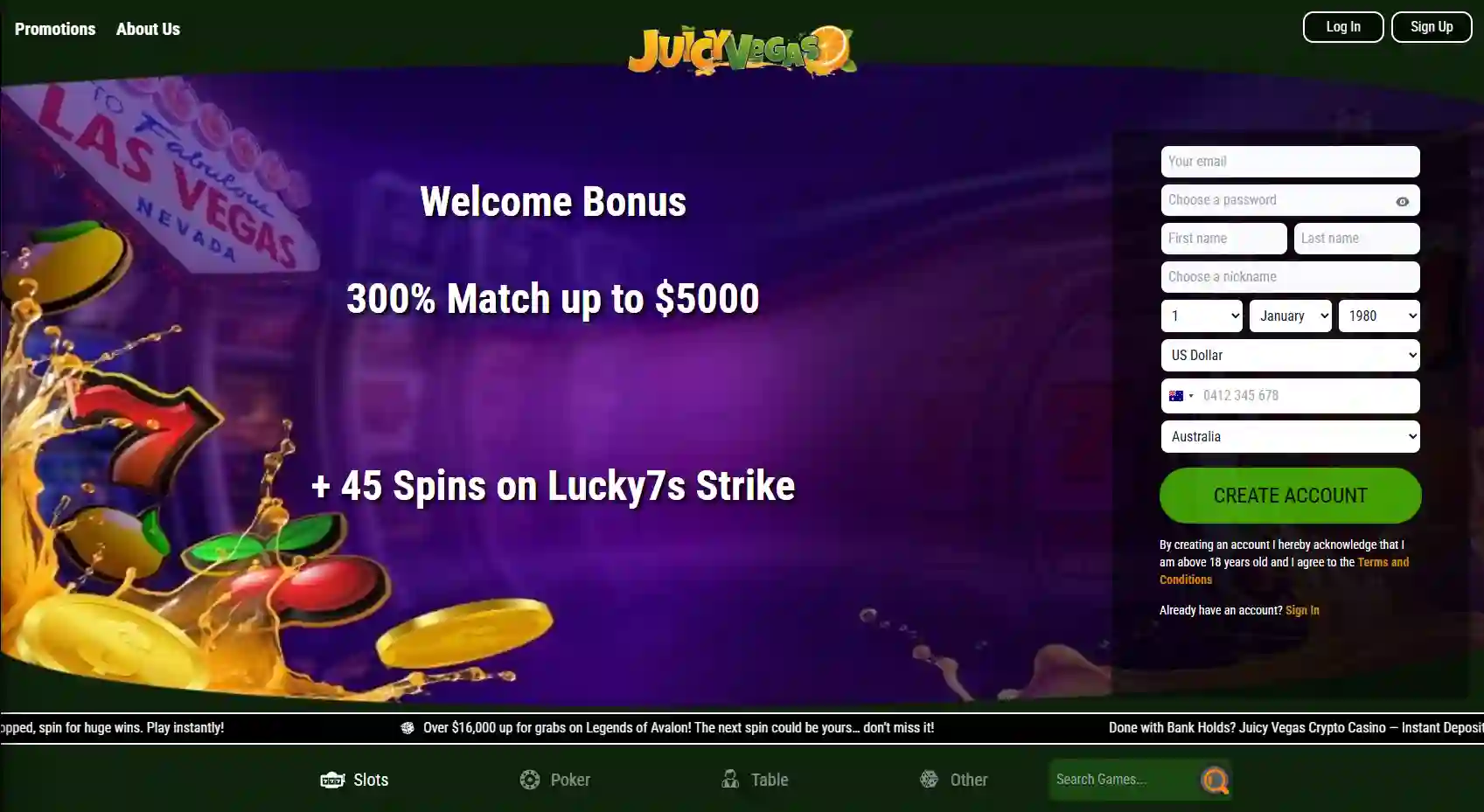 Juicy Vegas Casino online logo with vibrant neon style and Vegas theme.