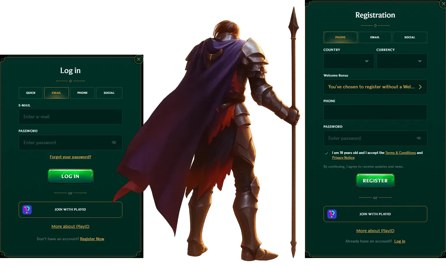 Register or log in to your Casinia account