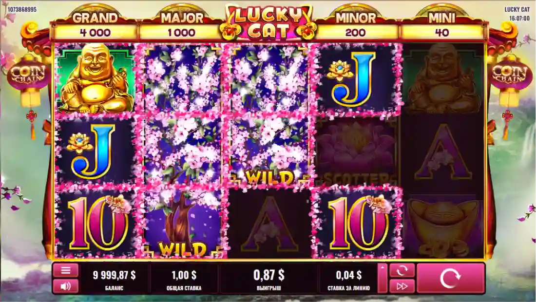 Lucky Cat slot reels with cat coins and oriental icons