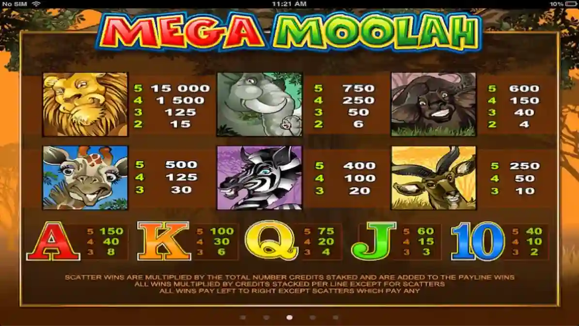 Mega Moolah slot gameplay with spinning reels and jackpot symbols.