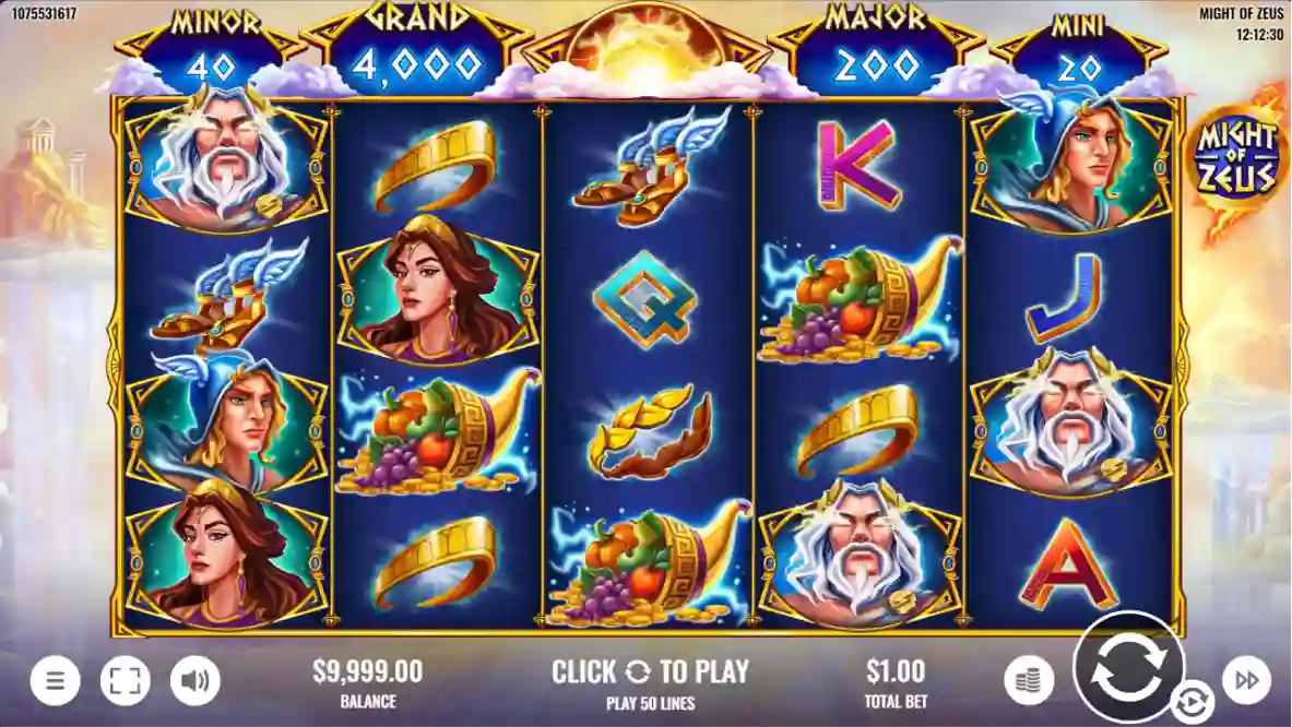 Might of Zeus slot logo with Zeus character and Greek mythology theme