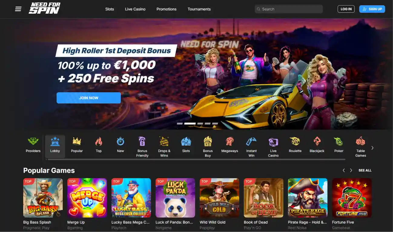 NeedForSpin Casino logo with racing theme and modern casino branding