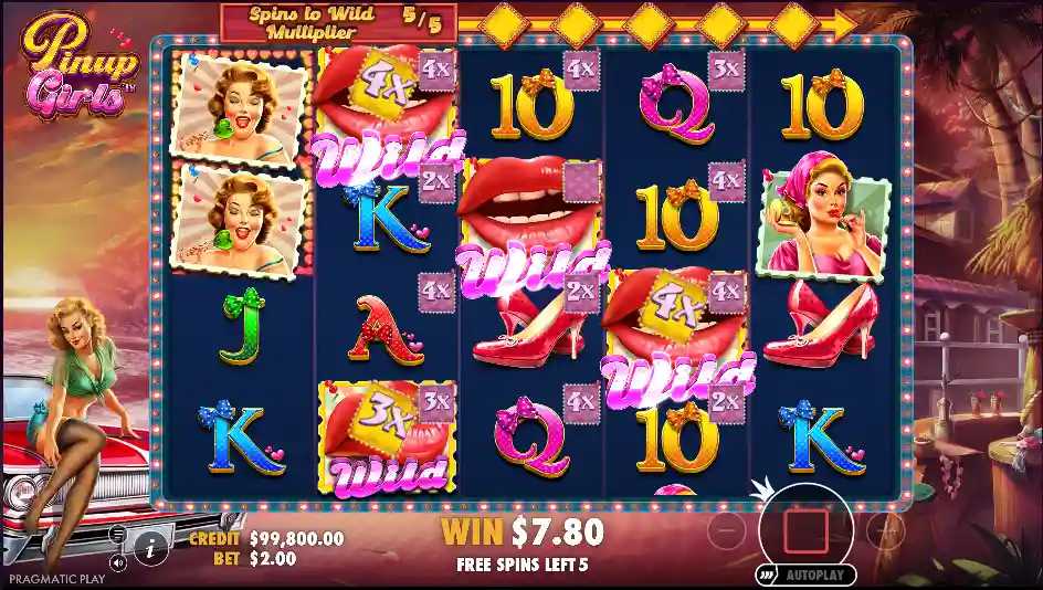 Pinup Girls slot reels with pinup models cards and retro icons