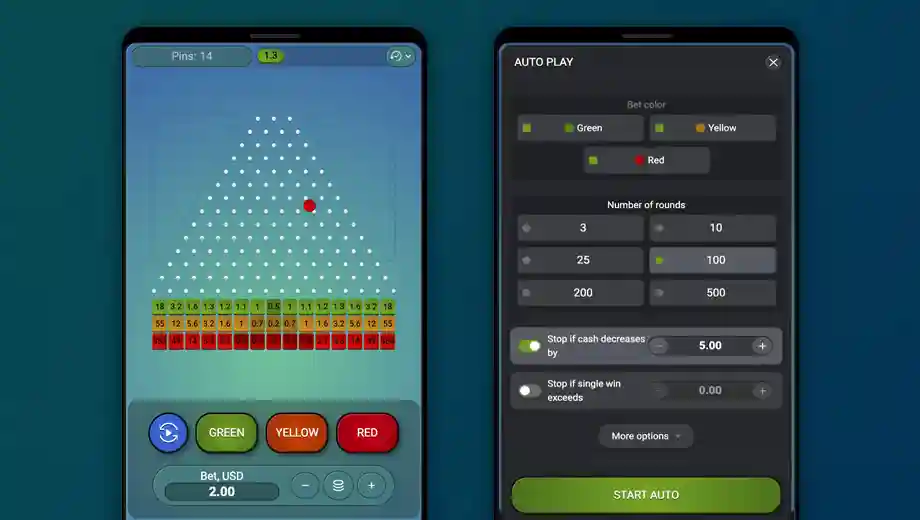plinko gameplay screen with ball dropping through pegs and prize slots