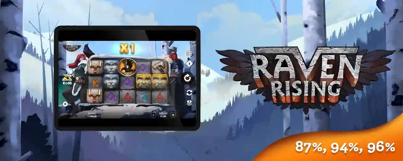 Raven Rising slot logo with Norse mythology theme and raven symbol