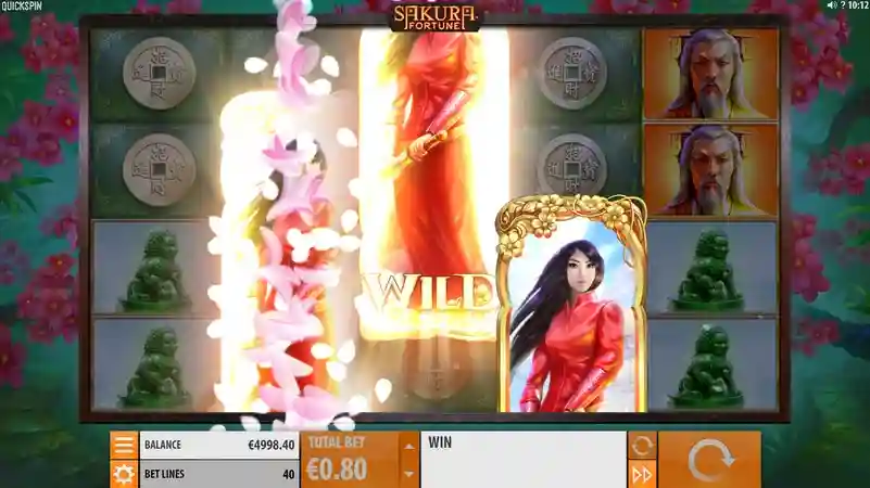 Sakura Fortune slot reels with cherry blossoms fans and Japanese icons