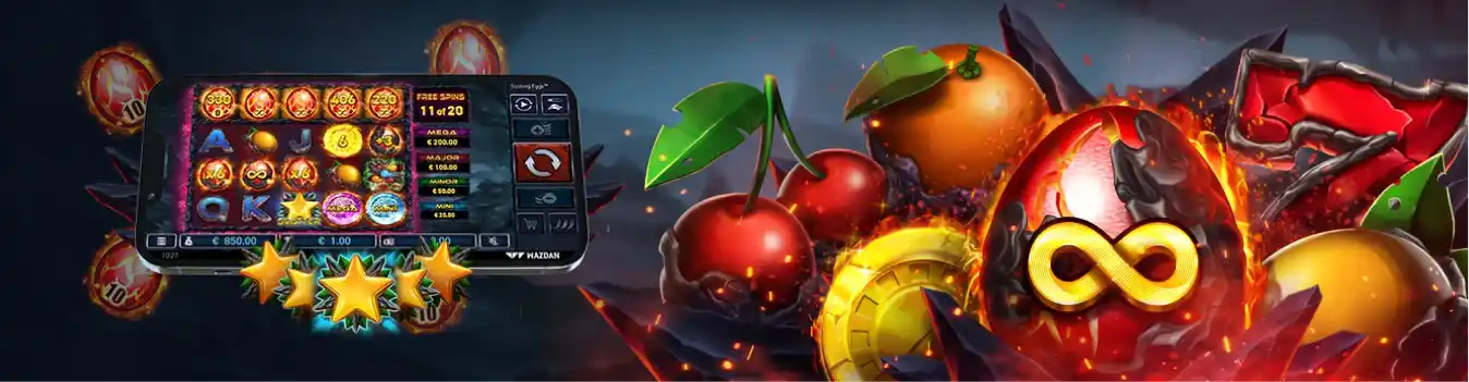 Sizzling Eggs slot logo with colorful egg symbols and playful theme