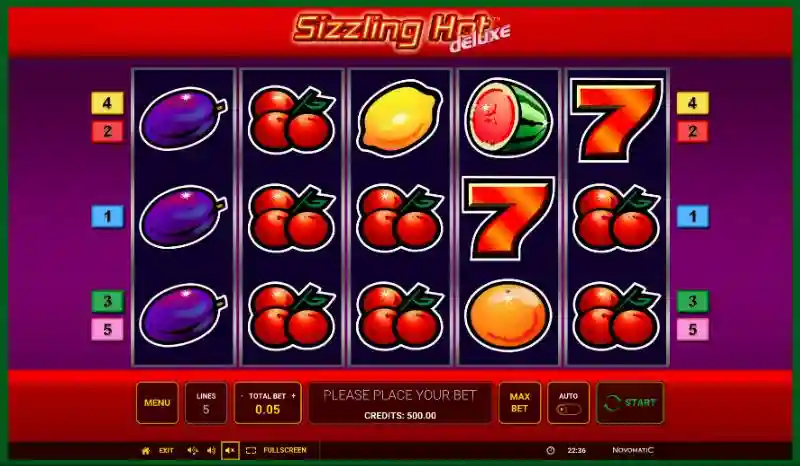 Sizzling Hot Deluxe slot logo with classic fruit theme and fiery design