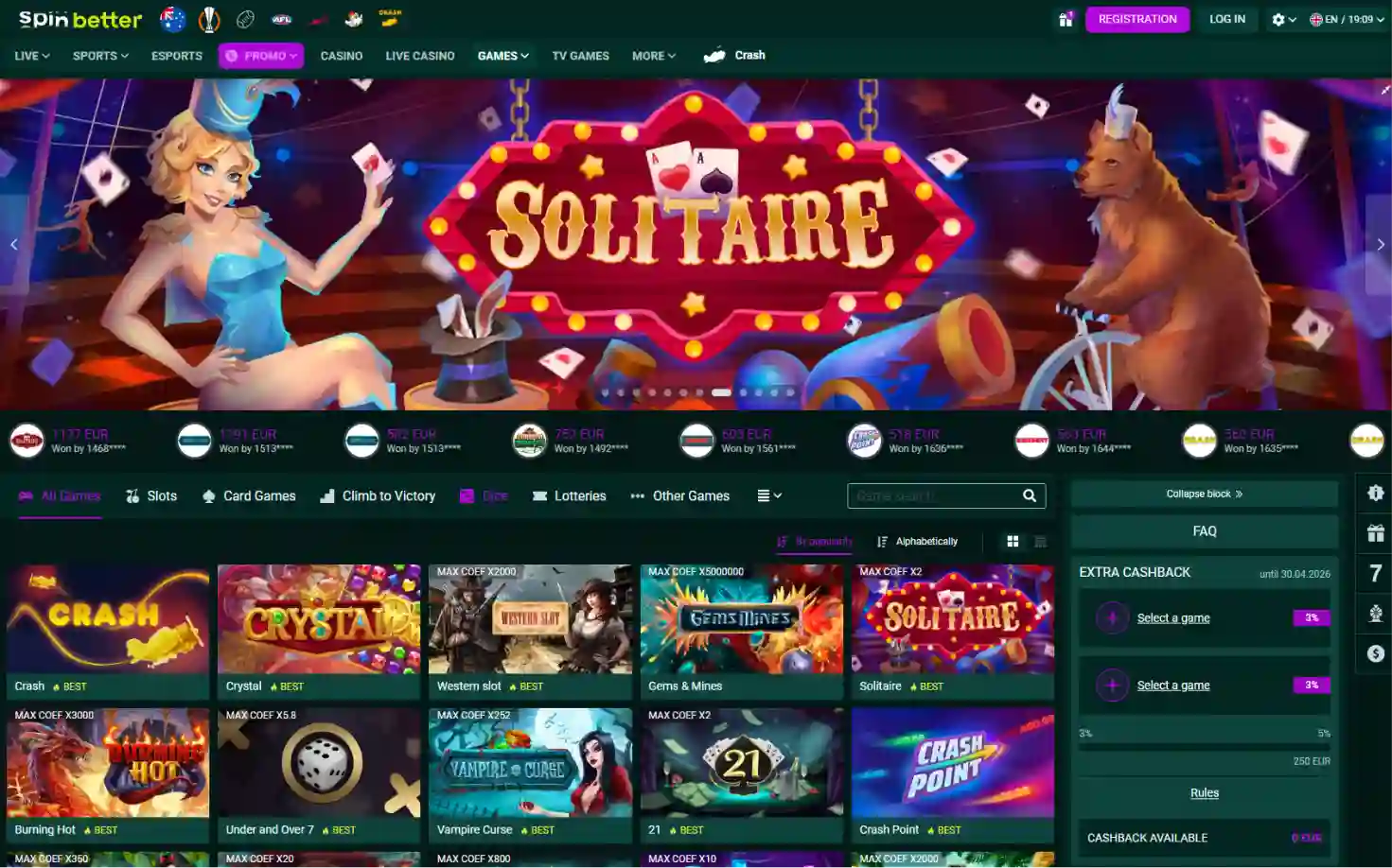 SpinBetter casino games lobby with slots live casino and table games