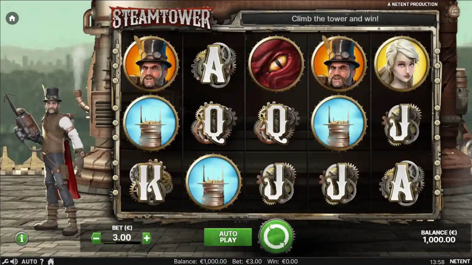 Steam Tower slot reels with steampunk icons gears and towers
